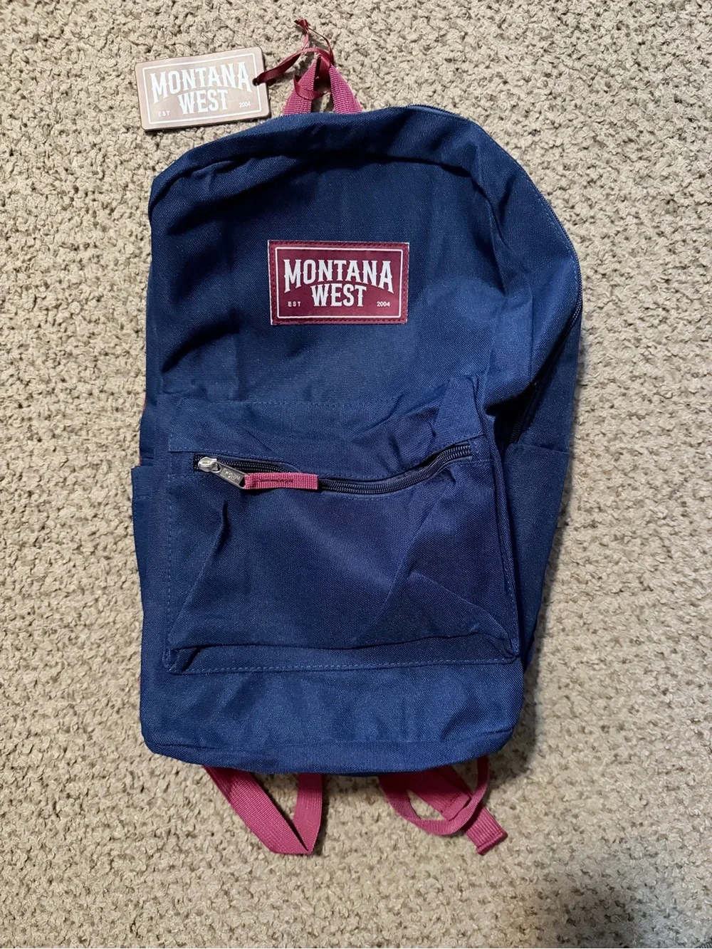 Montana West Navy Backpack with Maroon Accents and Front Zip Pocket